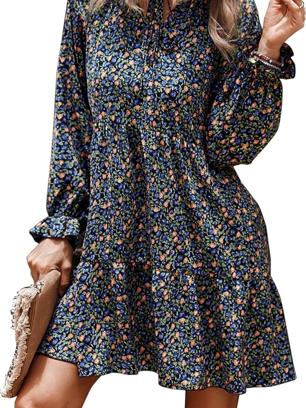 Floral Long Sleeve Mini Dress in Navy Blue